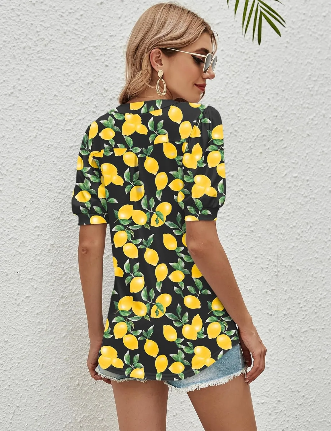 Romanstii Women Casual V-Neck T-Shirts Loose Puff Short Sleeve Tops Tunic Blouses