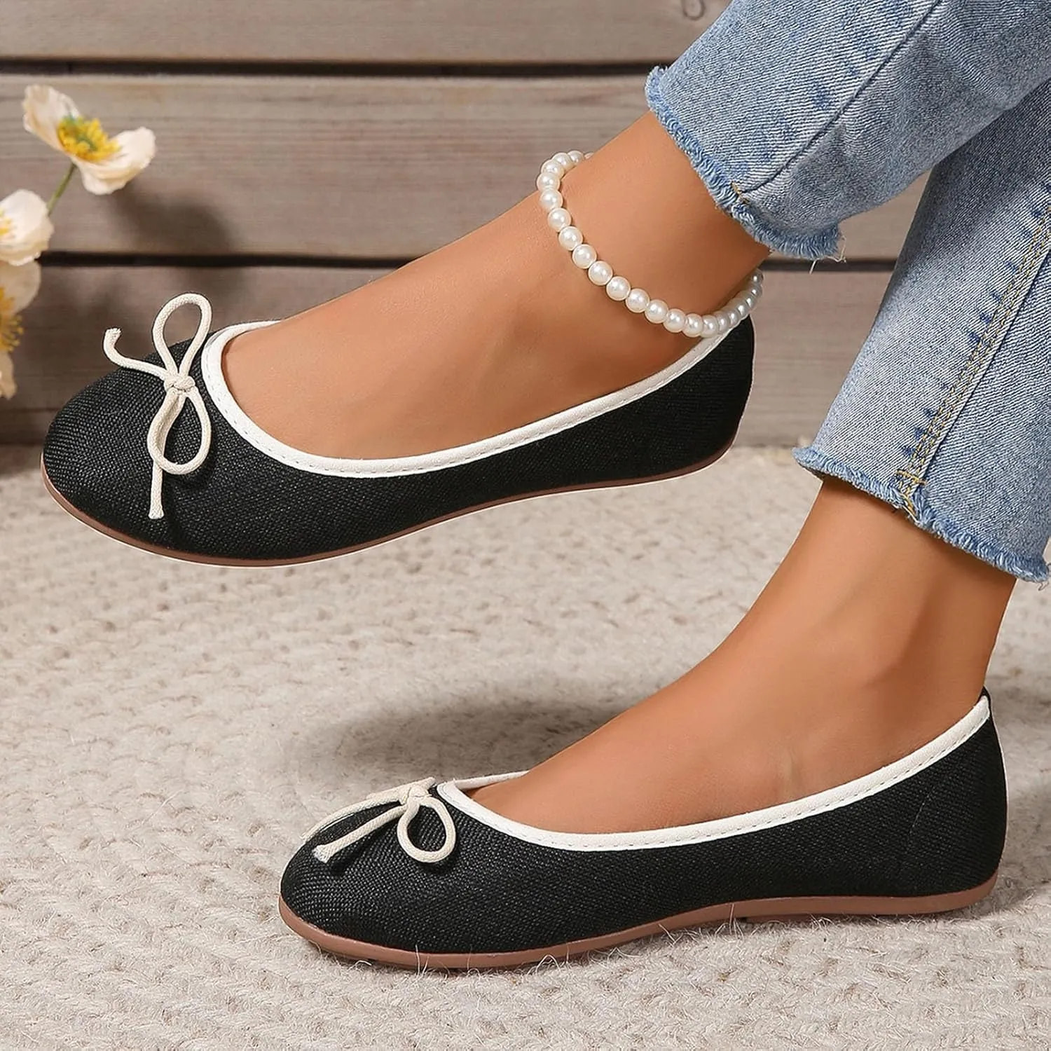 Round Toe Women Flat Shoes Bowknot Comfy Slip-On Fashion Denim Upper Ballet Flats Dressy Ladies Ballerine Shoes 2025