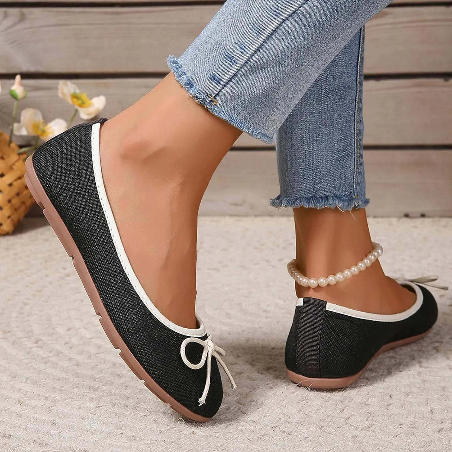 Round Toe Women Flat Shoes Bowknot Comfy Slip-On Fashion Denim Upper Ballet Flats Dressy Ladies Ballerine Shoes 2025