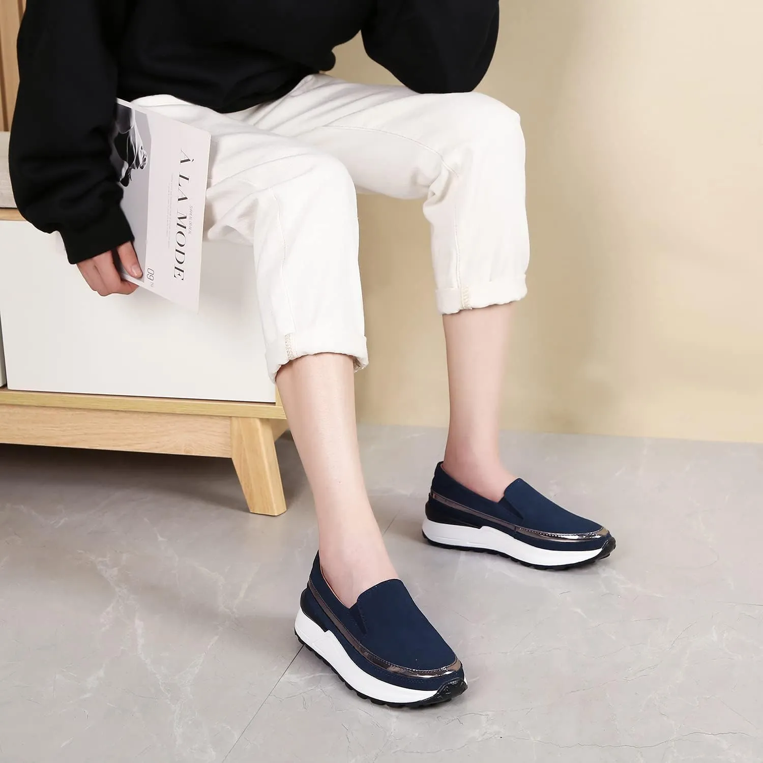Ruiatoo Platform Shoes for Women Comfort Slip on Suede Moccasins Low Top Casual Wedge Loafers