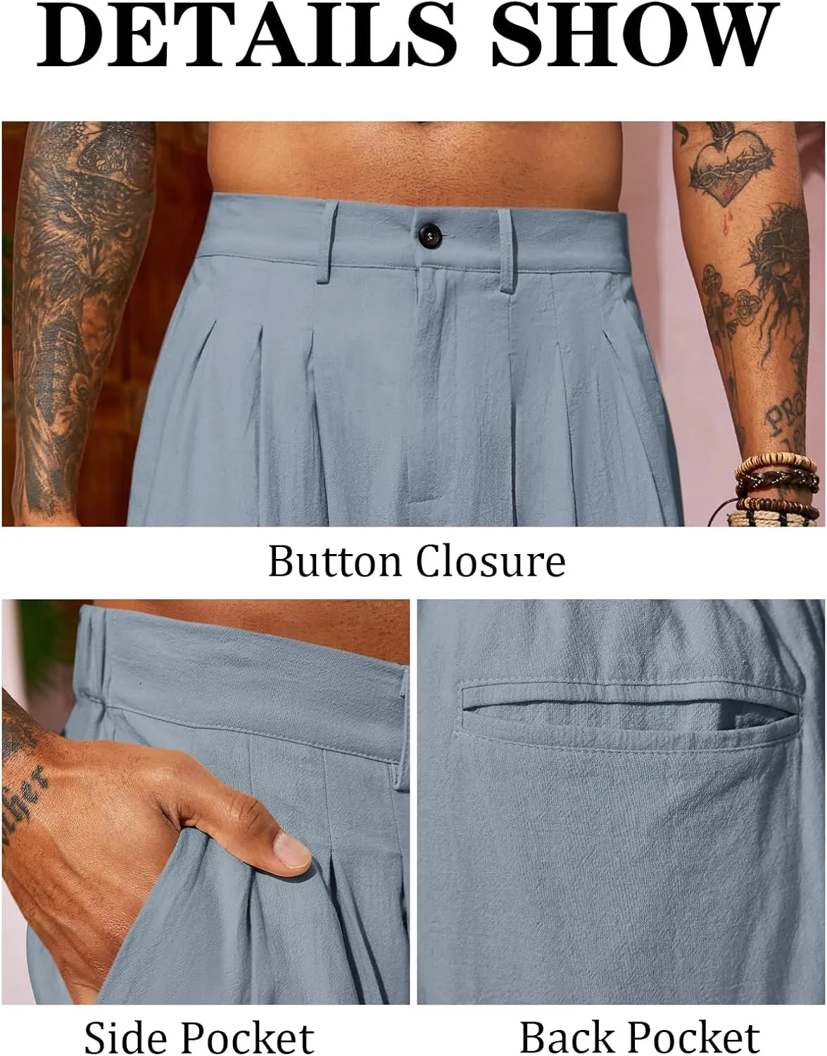 Runcati Mens Linen Baggy Pants Pleated Casual Harem Pants Beach Hippie Summer Trousers