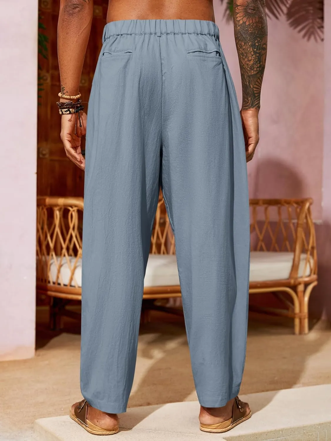 Runcati Mens Linen Baggy Pants Pleated Casual Harem Pants Beach Hippie Summer Trousers