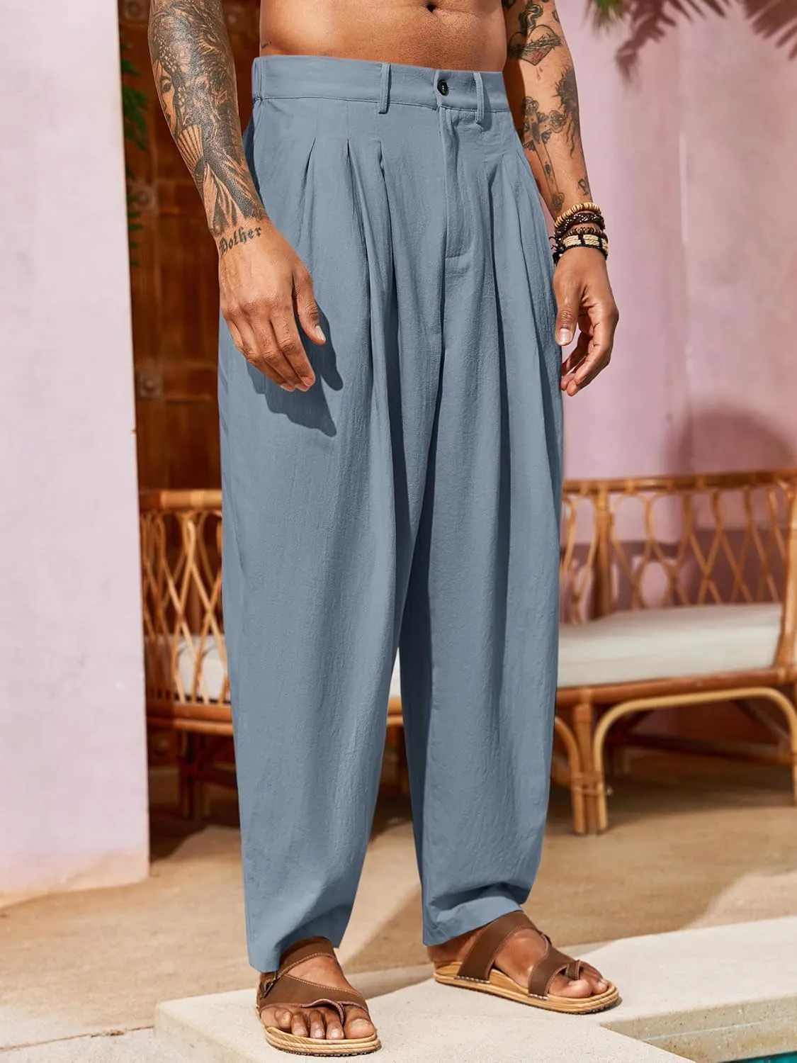 Runcati Mens Linen Baggy Pants Pleated Casual Harem Pants Beach Hippie Summer Trousers