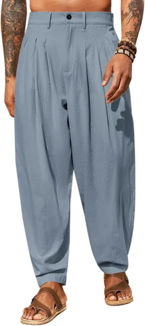 Runcati Mens Linen Baggy Pants Pleated Casual Harem Pants Beach Hippie Summer Trousers