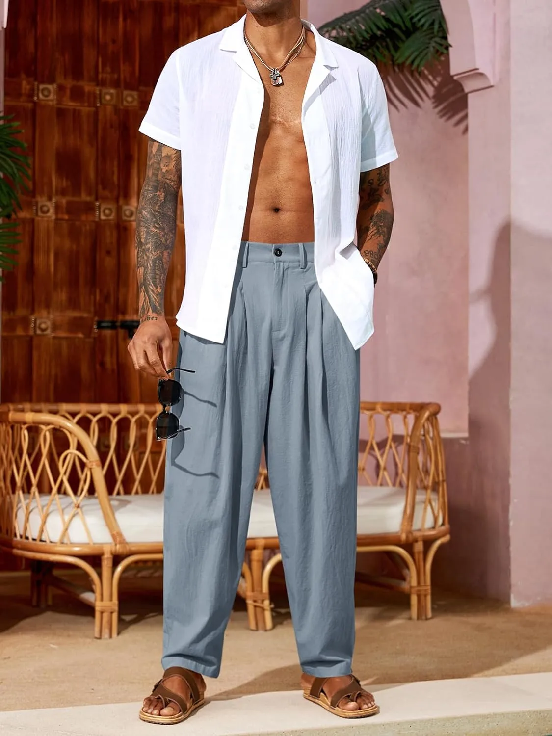 Runcati Mens Linen Baggy Pants Pleated Casual Harem Pants Beach Hippie Summer Trousers