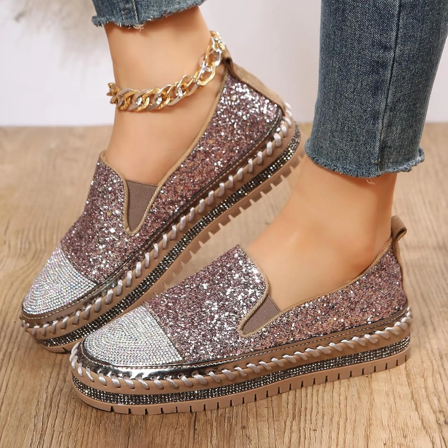 SACFOF Women Rhinestone Platform Loafers Glitter Fashion Slip-On Sparkle Sequin Sneakers Casual Flat Bling Loafers