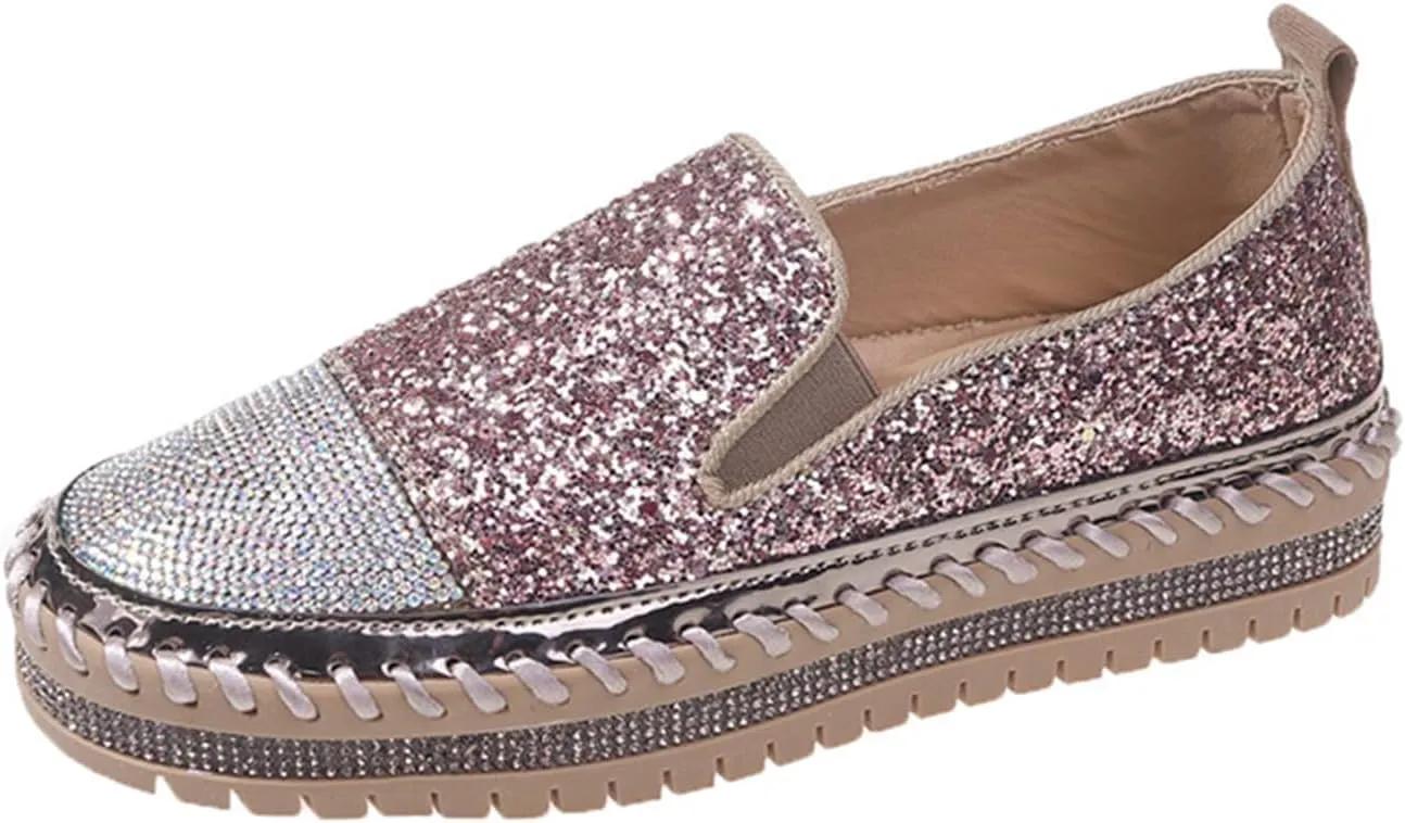 SACFOF Women Rhinestone Platform Loafers Glitter Fashion Slip-On Sparkle Sequin Sneakers Casual Flat Bling Loafers