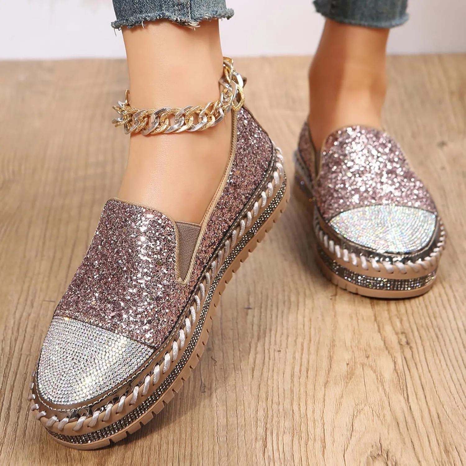 SACFOF Women Rhinestone Platform Loafers Glitter Fashion Slip-On Sparkle Sequin Sneakers Casual Flat Bling Loafers