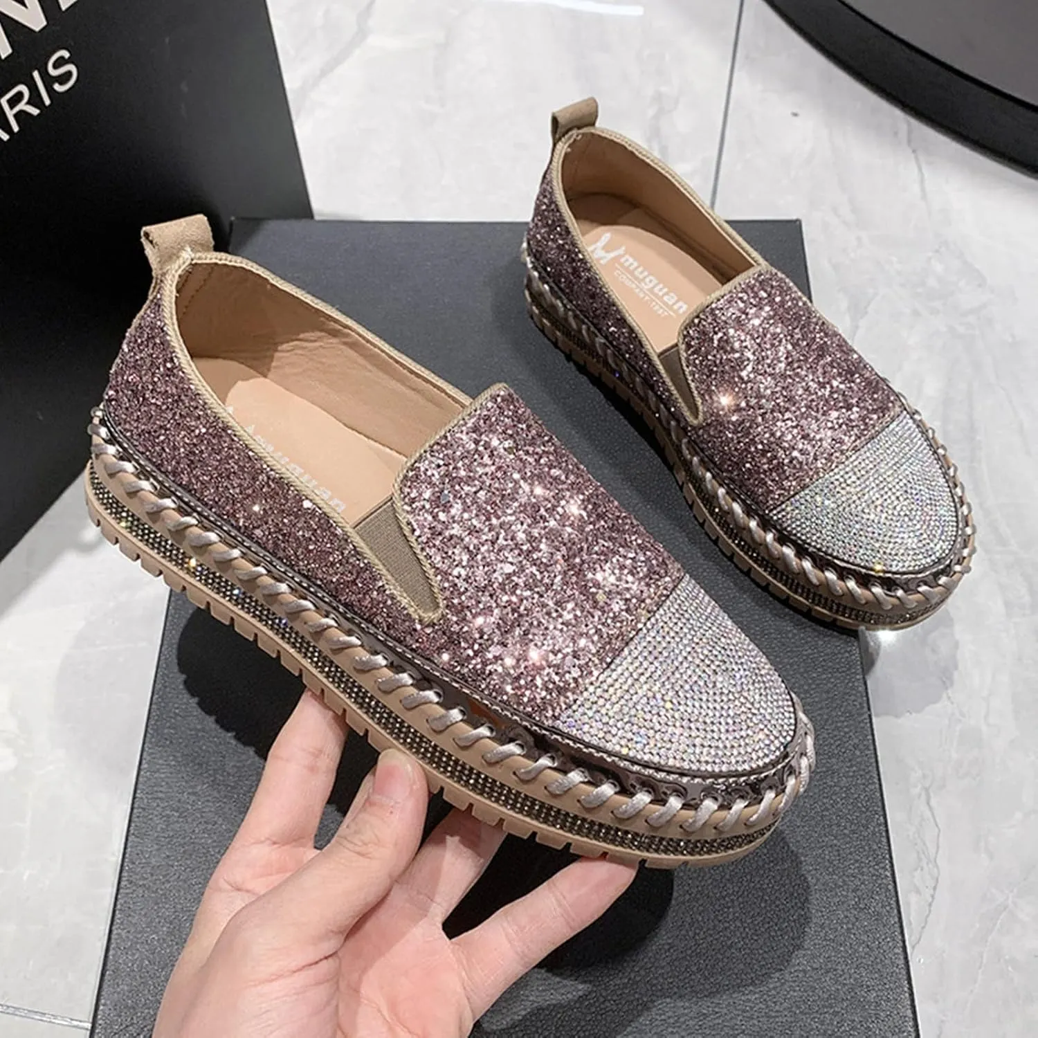 SACFOF Women Rhinestone Platform Loafers Glitter Fashion Slip-On Sparkle Sequin Sneakers Casual Flat Bling Loafers