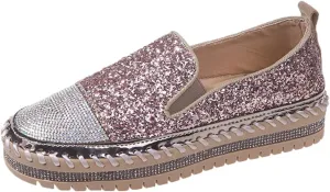 SACFOF Women Rhinestone Platform Loafers Glitter Fashion Slip-On Sparkle Sequin Sneakers Casual Flat Bling Loafers