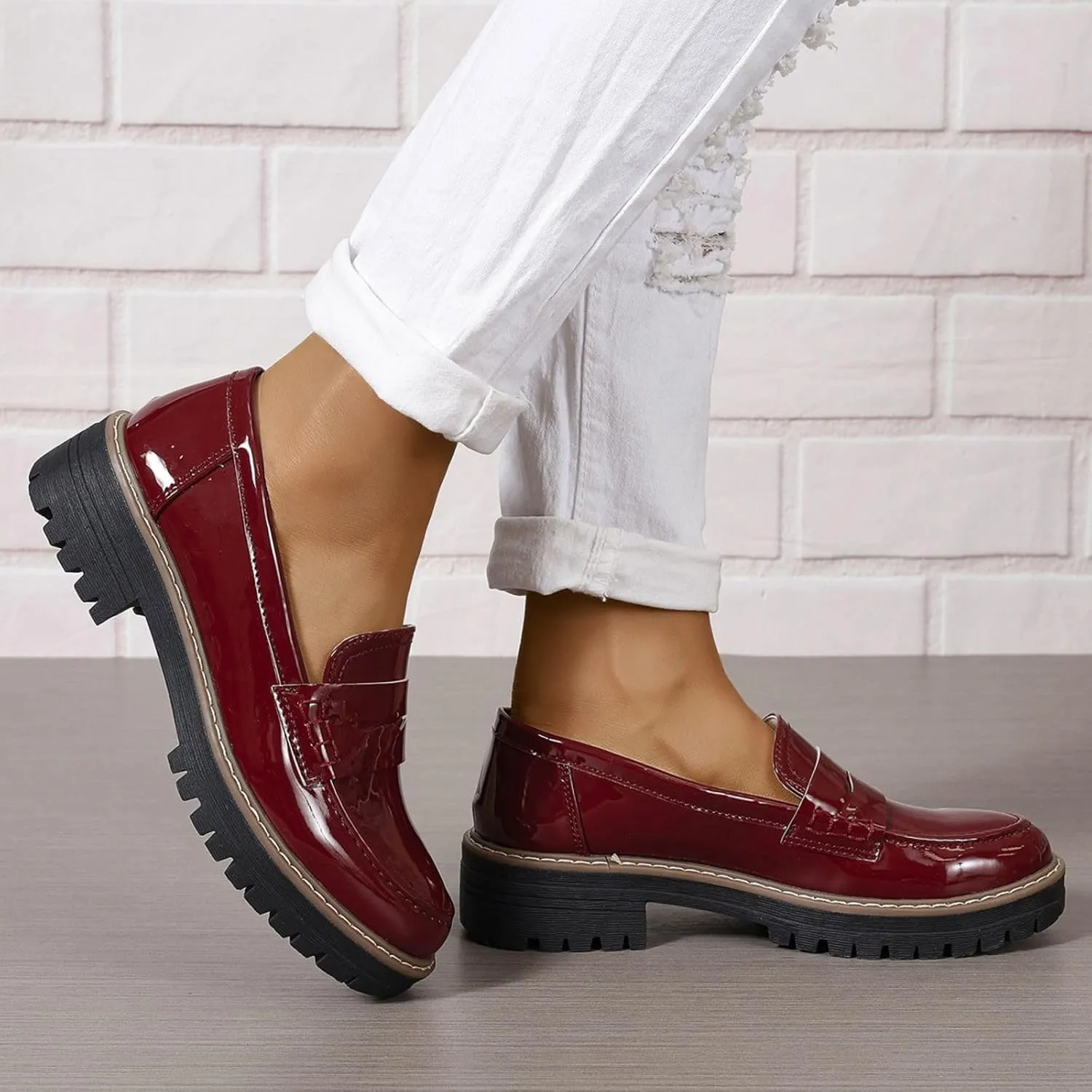 SACFOF Women's Chunky Loafers Leather Platform Chunky Loafer Comfortable Slip On Shoes Business Casual Work Shoes