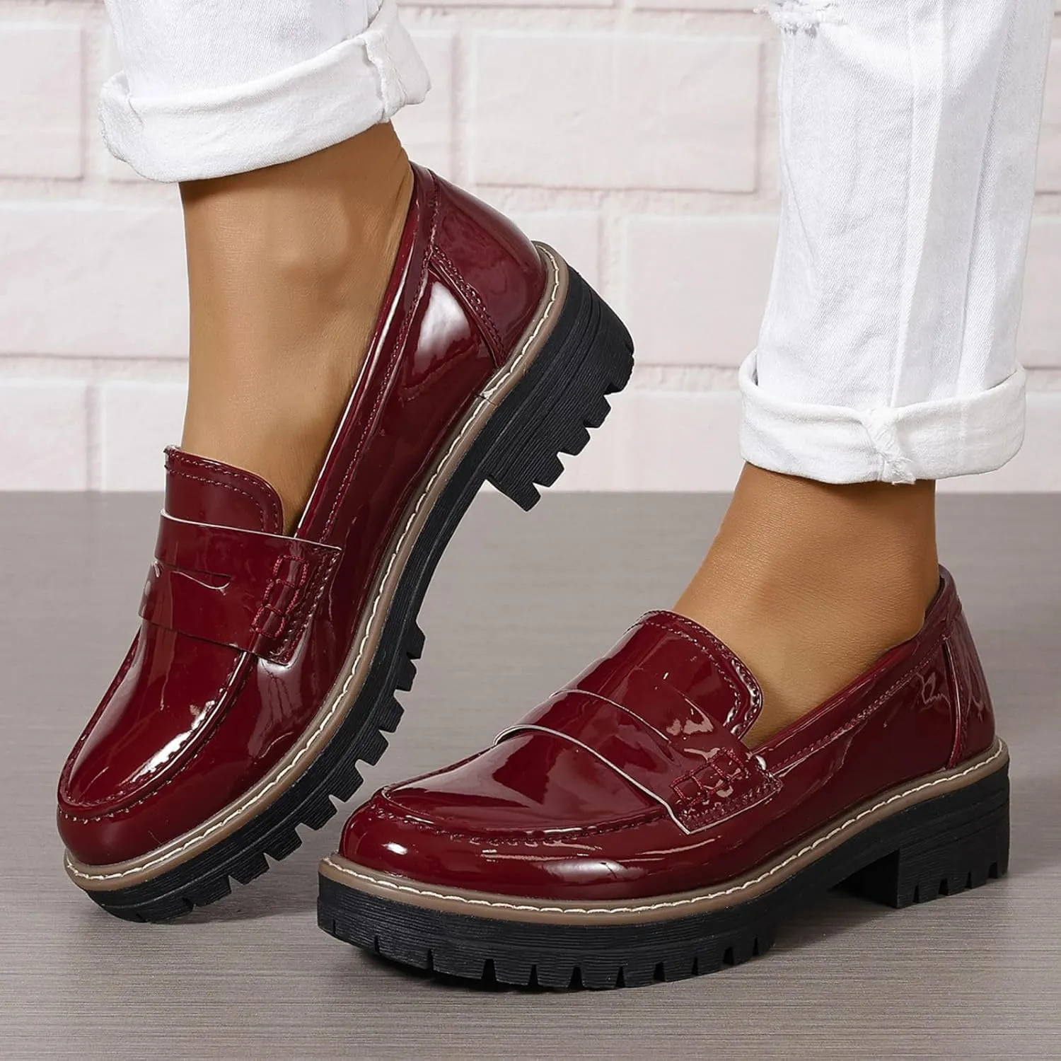 SACFOF Women's Chunky Loafers Leather Platform Chunky Loafer Comfortable Slip On Shoes Business Casual Work Shoes
