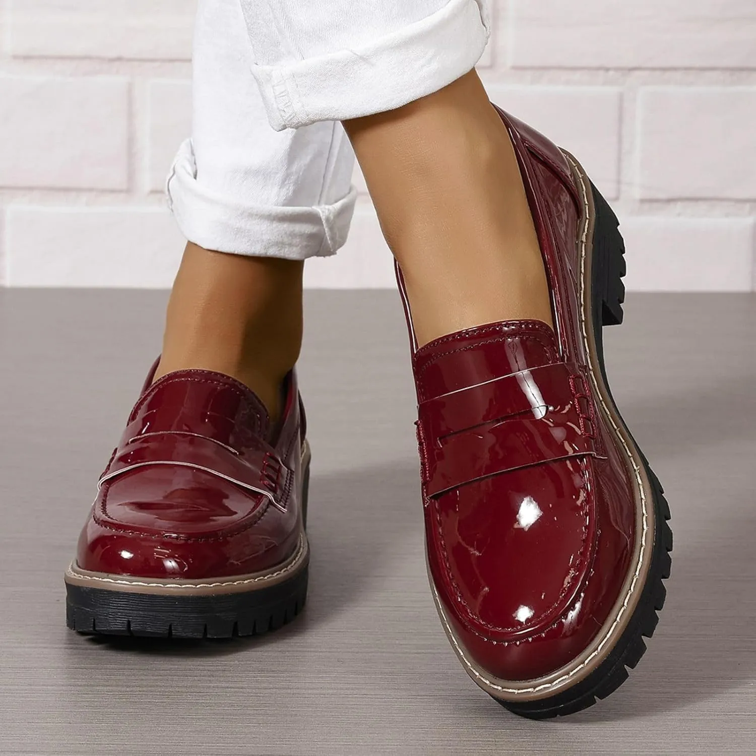 SACFOF Women's Chunky Loafers Leather Platform Chunky Loafer Comfortable Slip On Shoes Business Casual Work Shoes