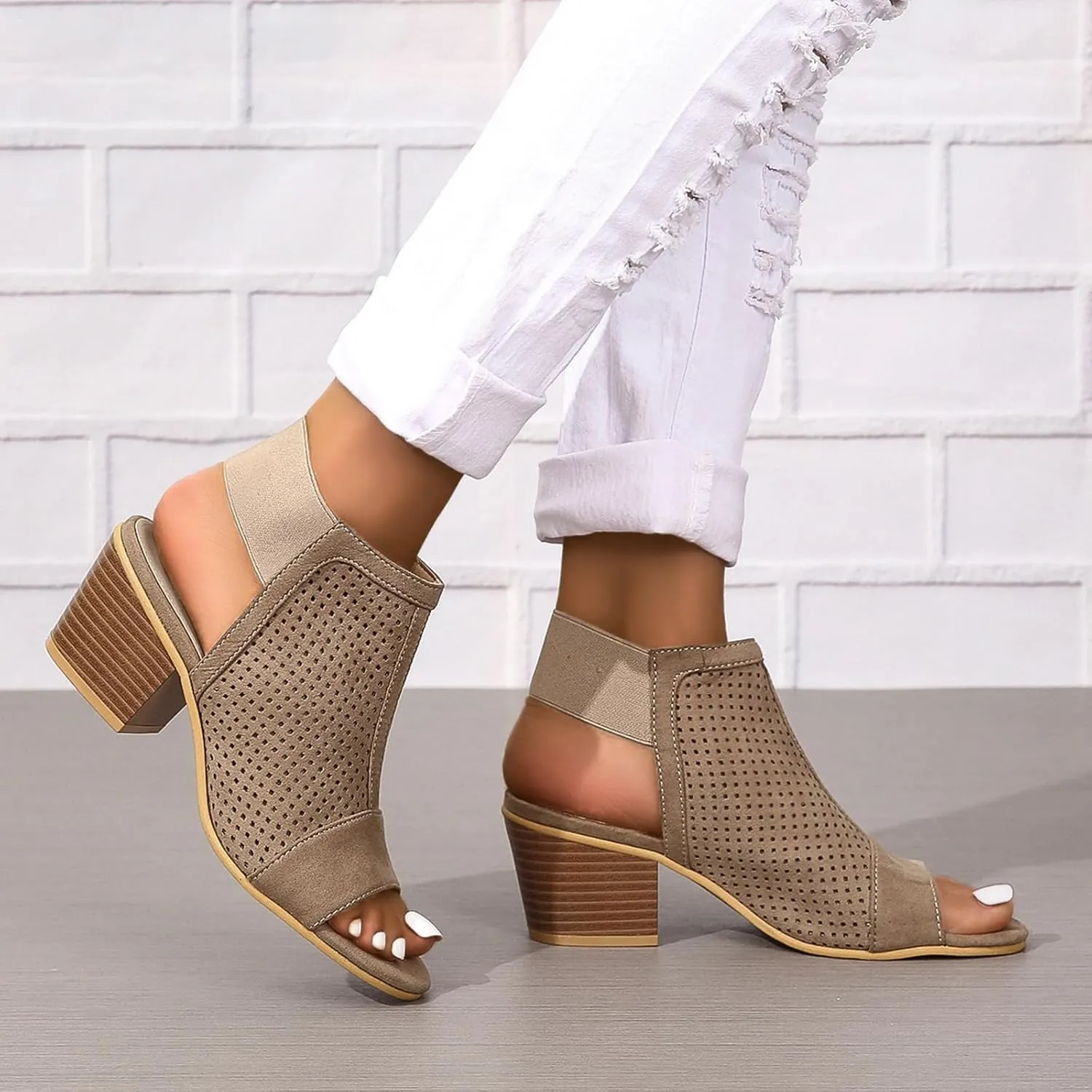 SACFOF Womens Peep Toe Booties Summer Chunky Low Heels Cutout Sandals Slingback Ankle Booties Western Shoes