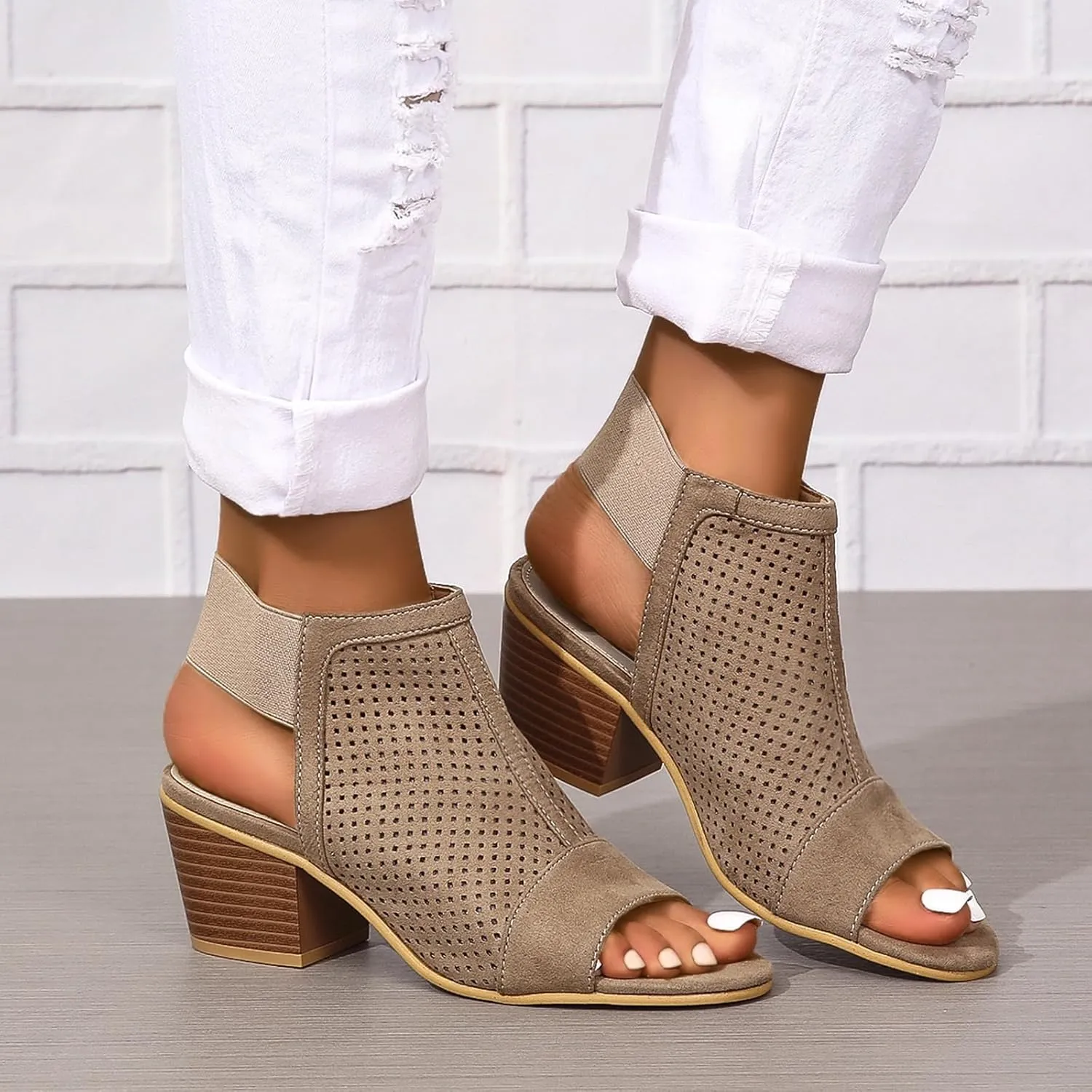 SACFOF Womens Peep Toe Booties Summer Chunky Low Heels Cutout Sandals Slingback Ankle Booties Western Shoes