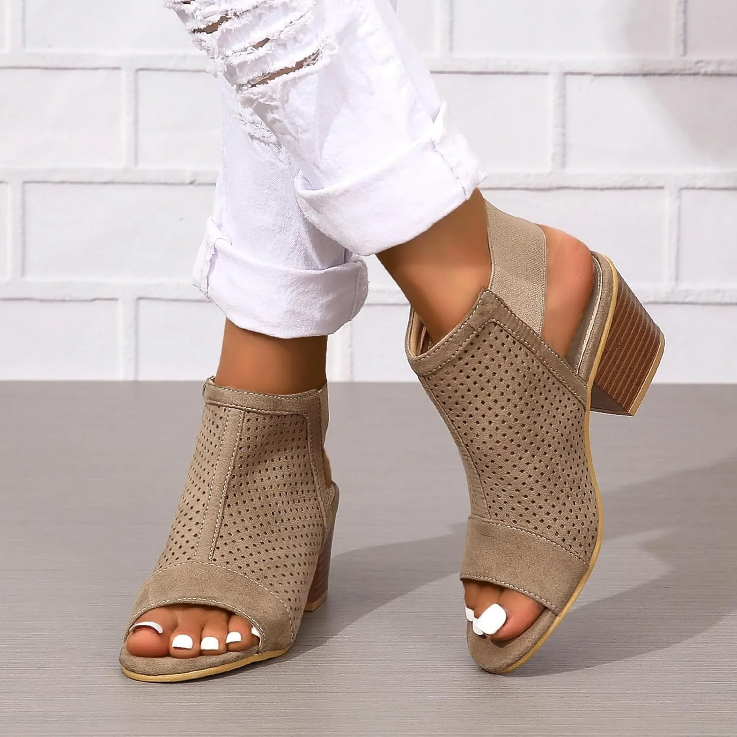 SACFOF Womens Peep Toe Booties Summer Chunky Low Heels Cutout Sandals Slingback Ankle Booties Western Shoes