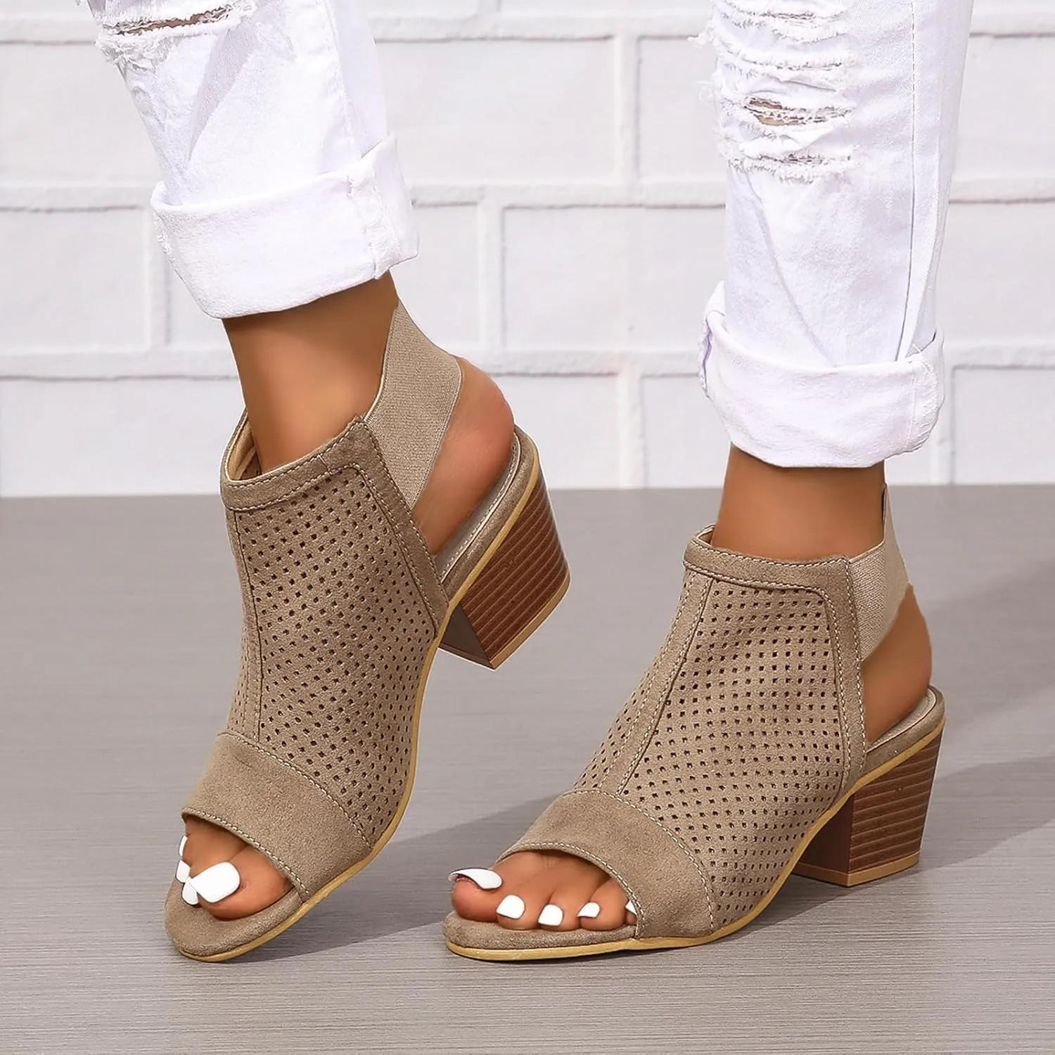 SACFOF Womens Peep Toe Booties Summer Chunky Low Heels Cutout Sandals Slingback Ankle Booties Western Shoes