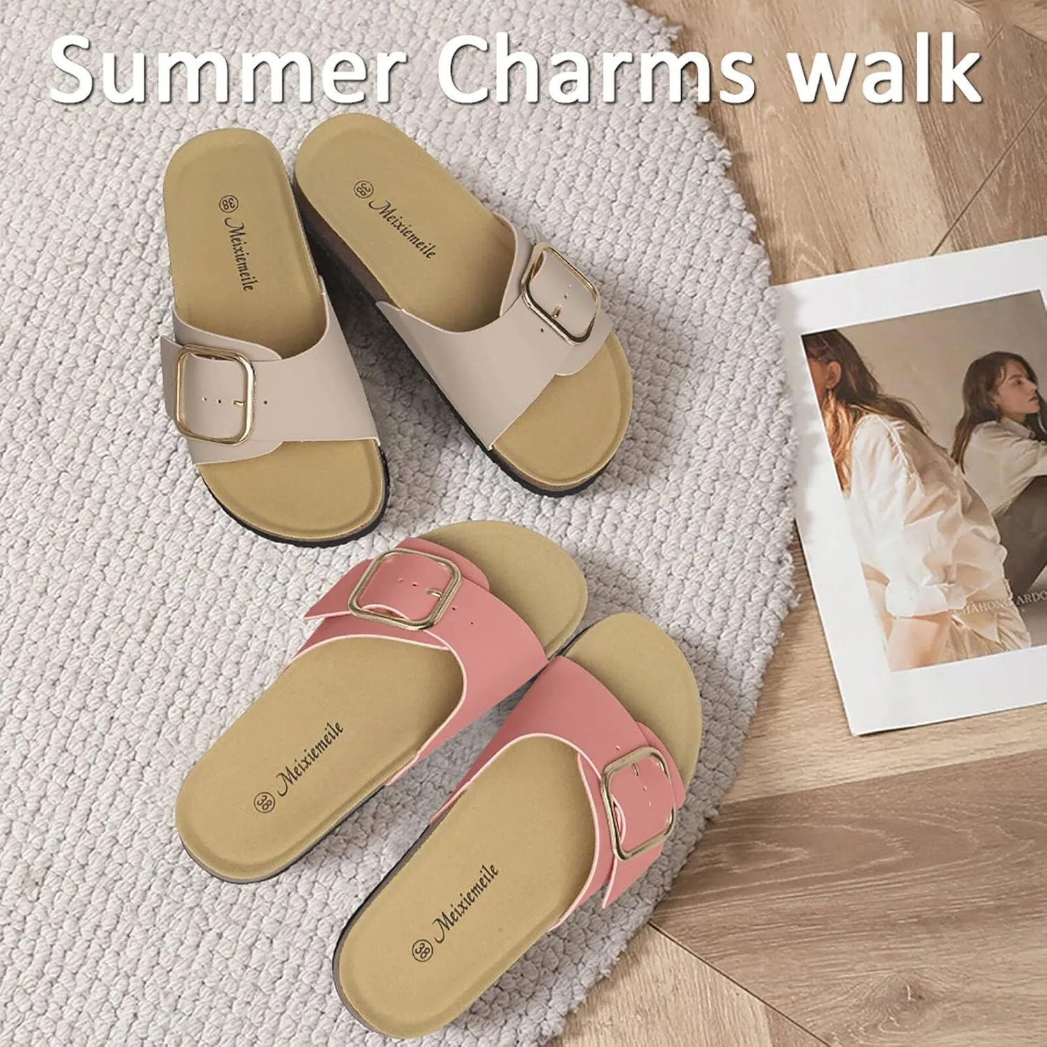 Sandals for Women Memory Foam Insole Womens Sandals Comfortable Genuine Leather Sandals Classic Cork Antislip Slippers