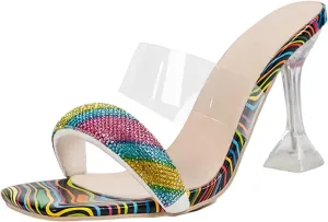 Sandals Ladies Summer Fashion Colorful High Heels Wine Glass Heel Fine Heel Rhinestone Party Sandal for Women Thong