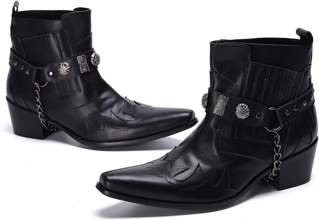 Santimon Chelsea Boots Men Party Casual Dress Leather Chain Cowboy Boots Fashion Western Boots Prom Wedding Ballroom Motorcycle Ankle Boots for Men Boys