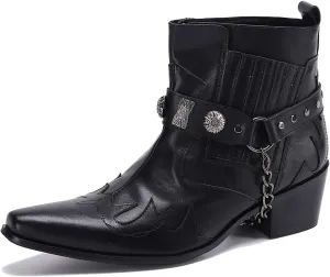 Santimon Chelsea Boots Men Party Casual Dress Leather Chain Cowboy Boots Fashion Western Boots Prom Wedding Ballroom Motorcycle Ankle Boots for Men Boys