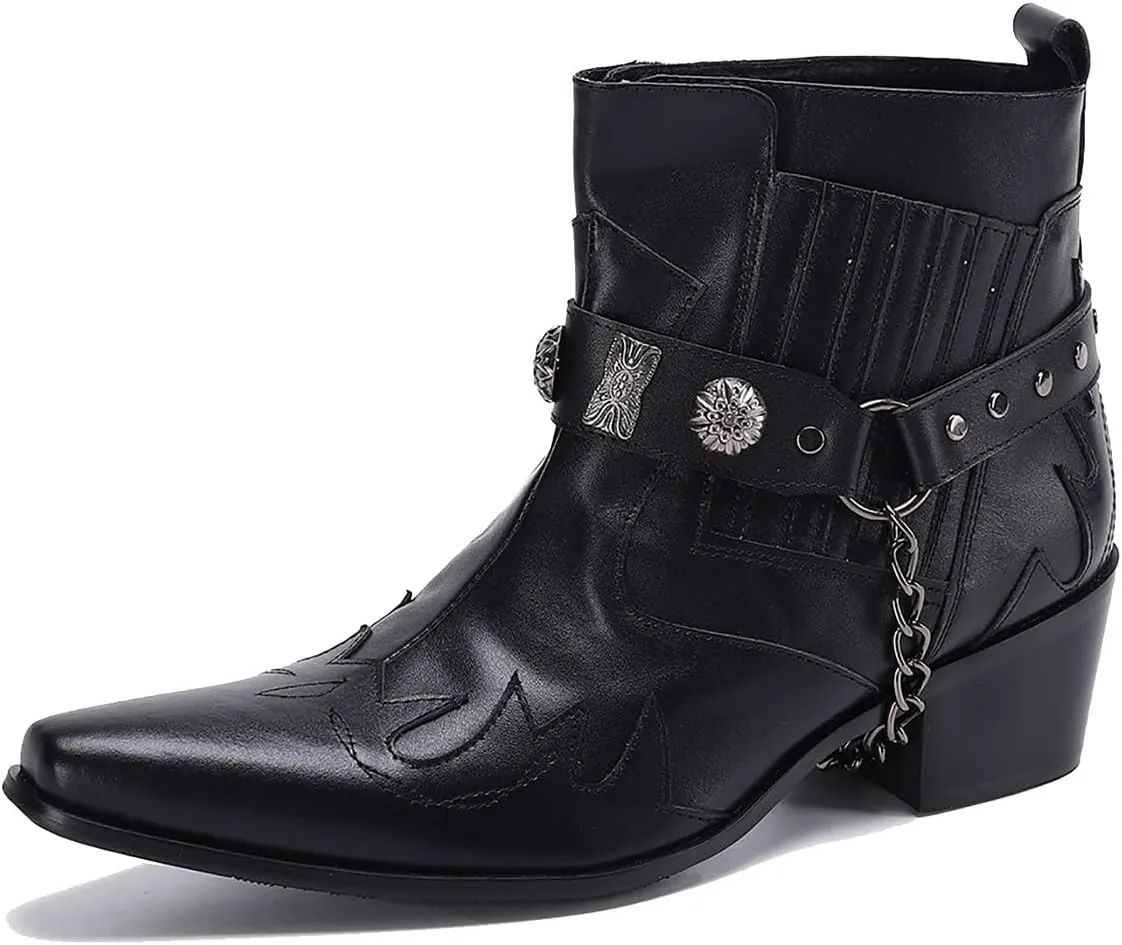 Santimon Chelsea Boots Men Party Casual Dress Leather Chain Cowboy Boots Fashion Western Boots Prom Wedding Ballroom Motorcycle Ankle Boots for Men Boys