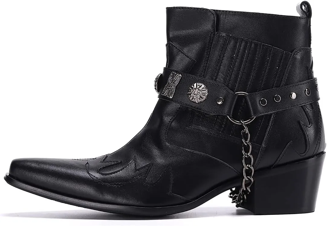 Santimon Chelsea Boots Men Party Casual Dress Leather Chain Cowboy Boots Fashion Western Boots Prom Wedding Ballroom Motorcycle Ankle Boots for Men Boys