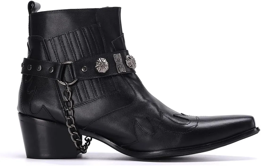 Santimon Chelsea Boots Men Party Casual Dress Leather Chain Cowboy Boots Fashion Western Boots Prom Wedding Ballroom Motorcycle Ankle Boots for Men Boys
