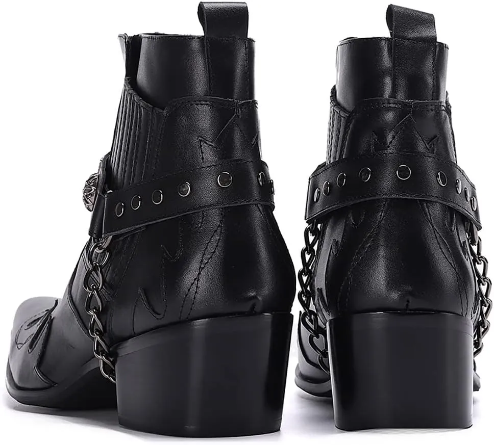 Santimon Chelsea Boots Men Party Casual Dress Leather Chain Cowboy Boots Fashion Western Boots Prom Wedding Ballroom Motorcycle Ankle Boots for Men Boys