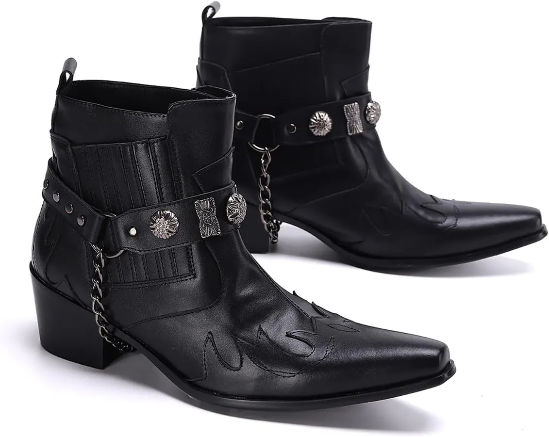 Santimon Chelsea Boots Men Party Casual Dress Leather Chain Cowboy Boots Fashion Western Boots Prom Wedding Ballroom Motorcycle Ankle Boots for Men Boys