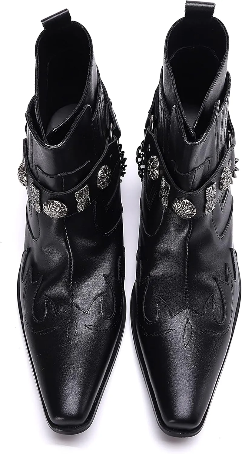 Santimon Chelsea Boots Men Party Casual Dress Leather Chain Cowboy Boots Fashion Western Boots Prom Wedding Ballroom Motorcycle Ankle Boots for Men Boys