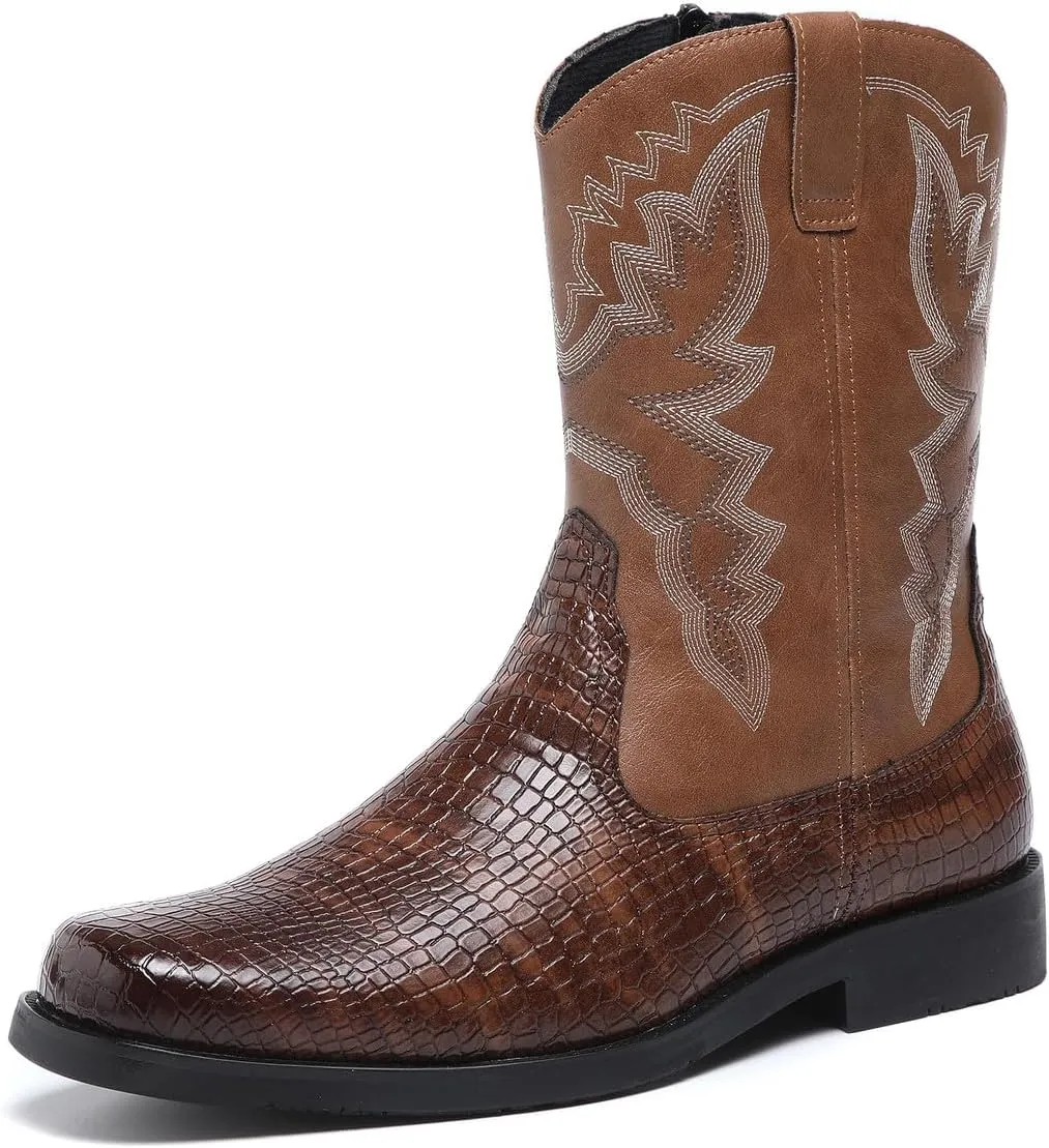 Santimon Men's Crocodile Western Cowboy Boots, Side Zipper, Mid Calf, Silver Stitching, Square Toe Leather Boots