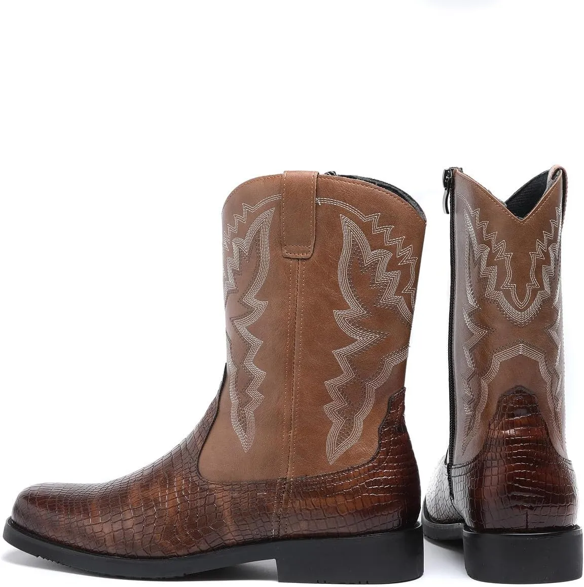 Santimon Men's Crocodile Western Cowboy Boots, Side Zipper, Mid Calf, Silver Stitching, Square Toe Leather Boots