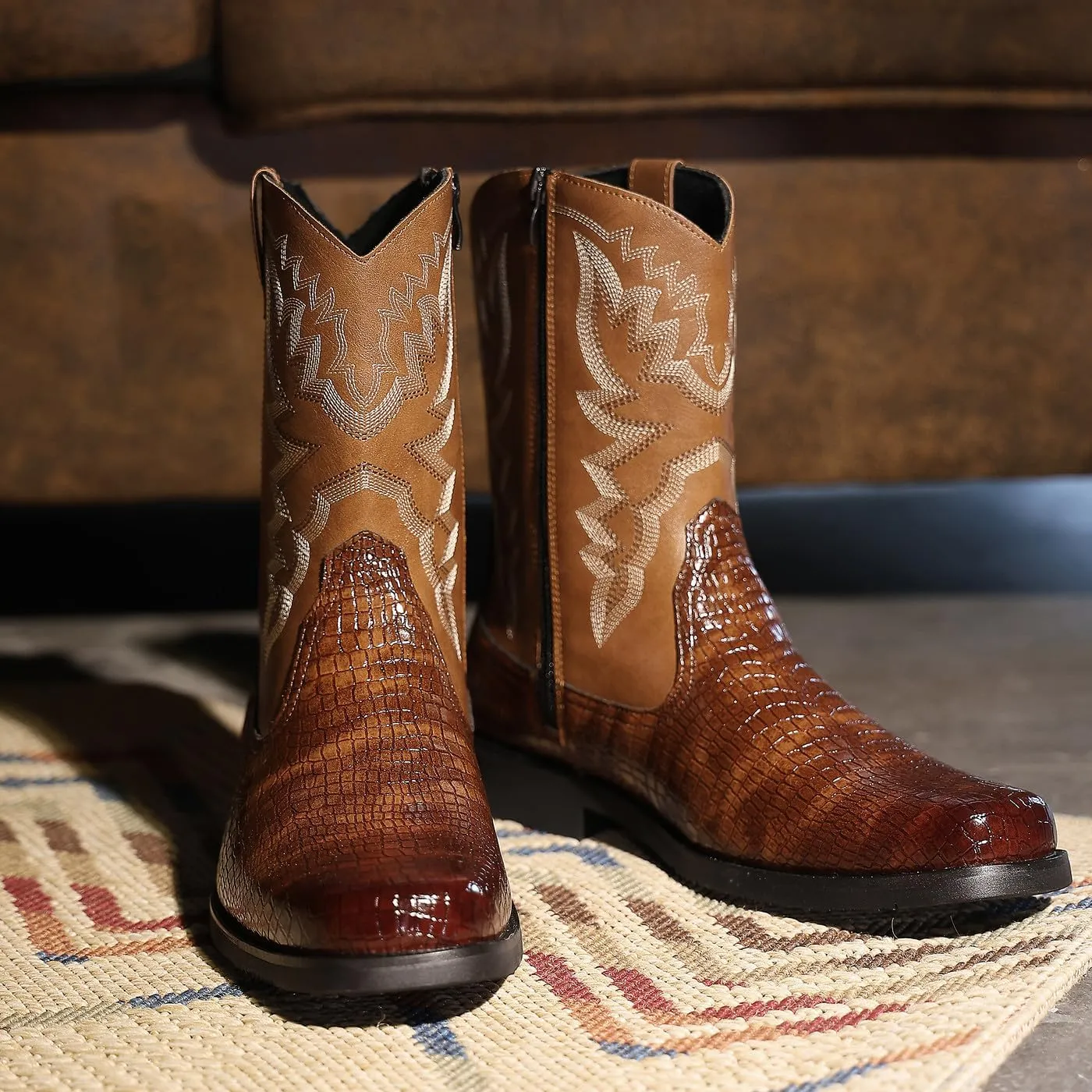 Santimon Men's Crocodile Western Cowboy Boots, Side Zipper, Mid Calf, Silver Stitching, Square Toe Leather Boots