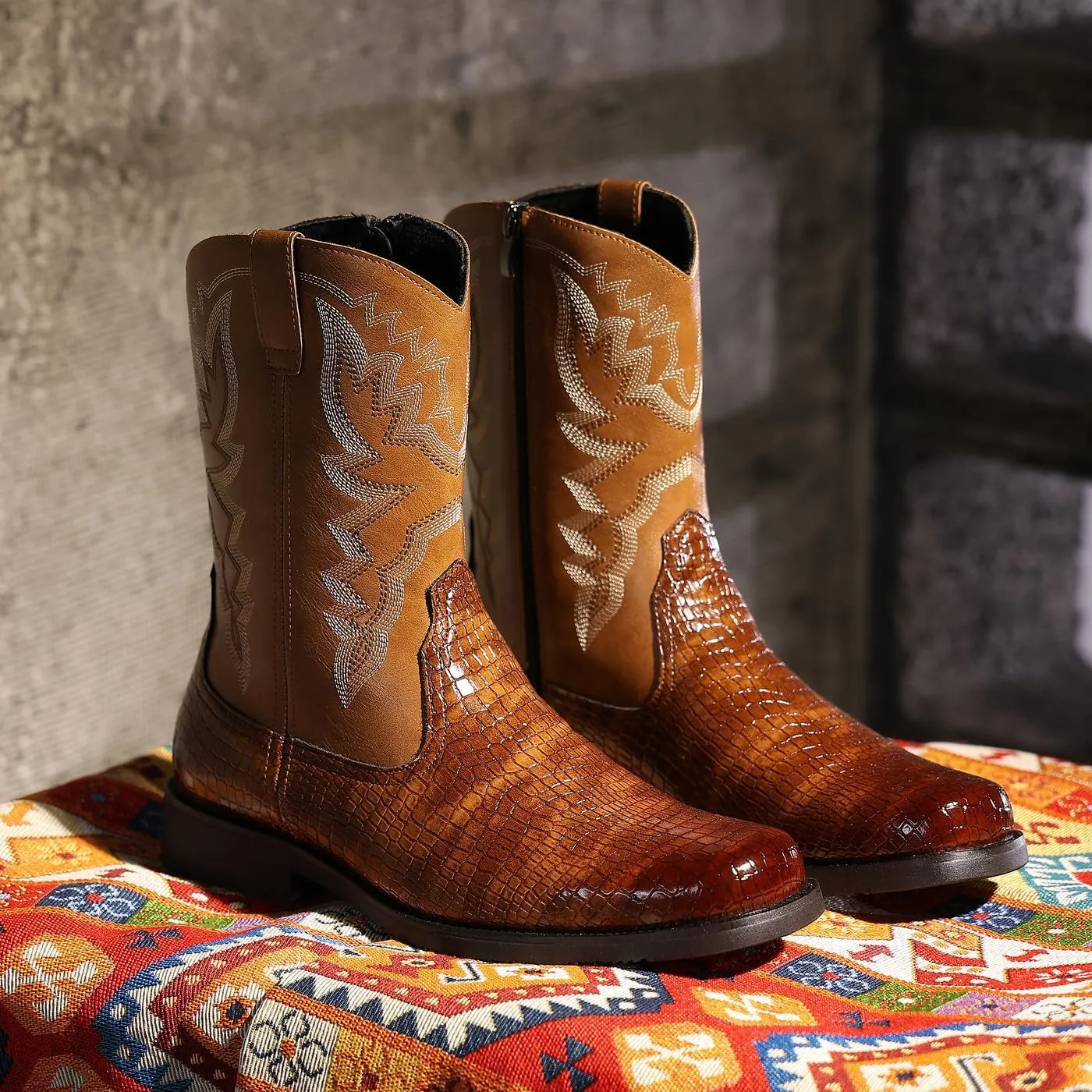 Santimon Men's Crocodile Western Cowboy Boots, Side Zipper, Mid Calf, Silver Stitching, Square Toe Leather Boots