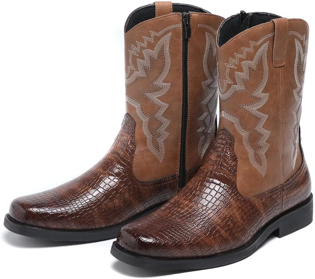 Santimon Men's Crocodile Western Cowboy Boots, Side Zipper, Mid Calf, Silver Stitching, Square Toe Leather Boots