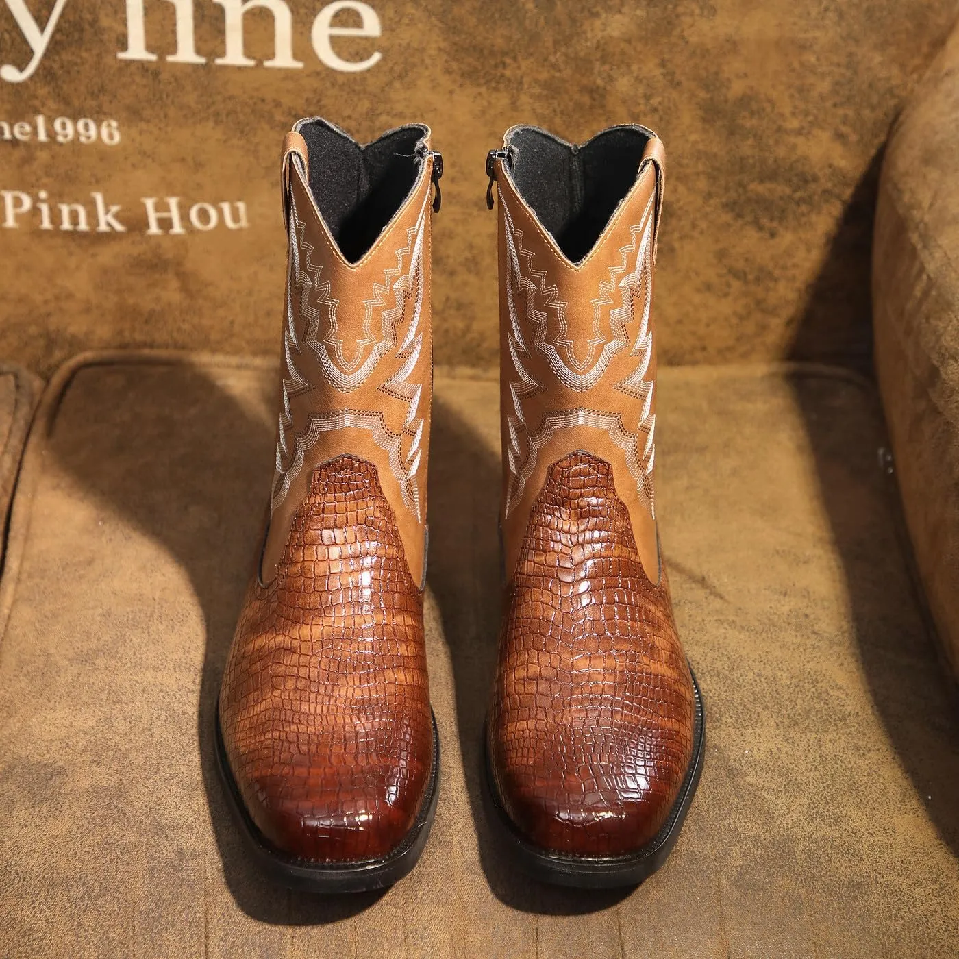 Santimon Men's Crocodile Western Cowboy Boots, Side Zipper, Mid Calf, Silver Stitching, Square Toe Leather Boots