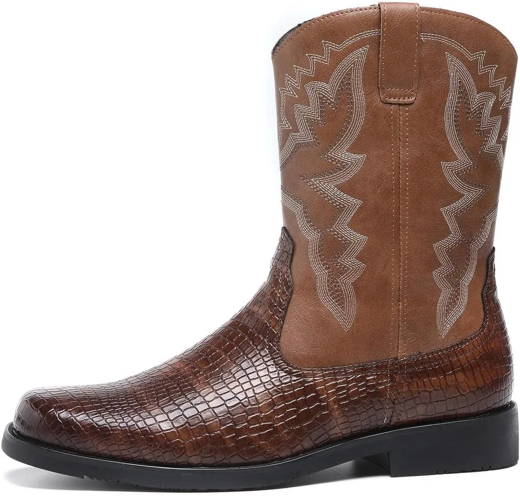 Santimon Men's Crocodile Western Cowboy Boots, Side Zipper, Mid Calf, Silver Stitching, Square Toe Leather Boots