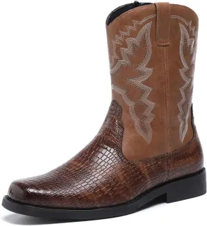 Santimon Men's Crocodile Western Cowboy Boots, Side Zipper, Mid Calf, Silver Stitching, Square Toe Leather Boots