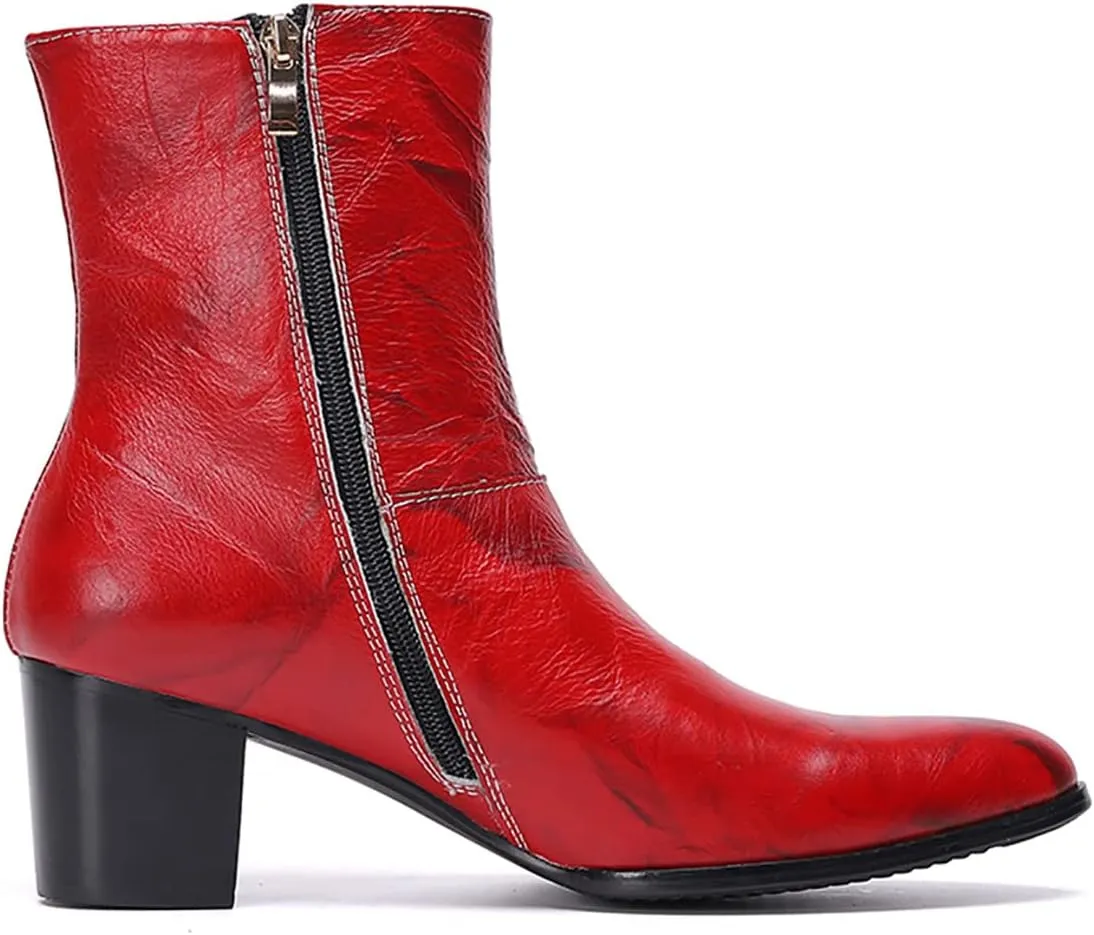 Santimon Mens Dress Boots Party Casual Genuine Leather Chelsea Boots Fashion Western Cowboy Boots Prom Wedding Ballroom Motorcycle Zipper On Side Mid Calf Boots for Men