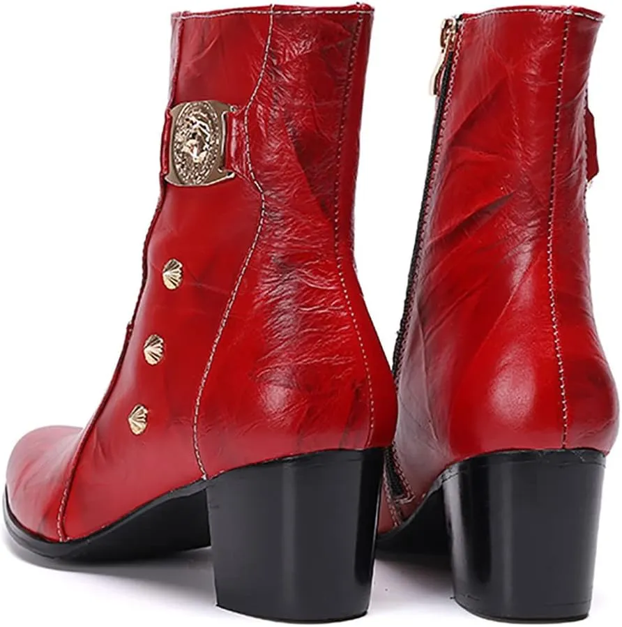Santimon Mens Dress Boots Party Casual Genuine Leather Chelsea Boots Fashion Western Cowboy Boots Prom Wedding Ballroom Motorcycle Zipper On Side Mid Calf Boots for Men