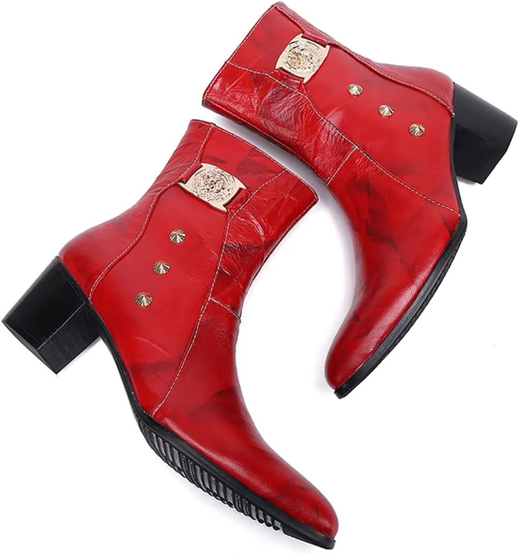 Santimon Mens Dress Boots Party Casual Genuine Leather Chelsea Boots Fashion Western Cowboy Boots Prom Wedding Ballroom Motorcycle Zipper On Side Mid Calf Boots for Men