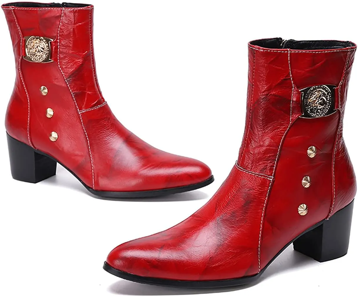Santimon Mens Dress Boots Party Casual Genuine Leather Chelsea Boots Fashion Western Cowboy Boots Prom Wedding Ballroom Motorcycle Zipper On Side Mid Calf Boots for Men
