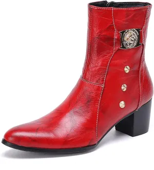 Santimon Mens Dress Boots Party Casual Genuine Leather Chelsea Boots Fashion Western Cowboy Boots Prom Wedding Ballroom Motorcycle Zipper On Side Mid Calf Boots for Men