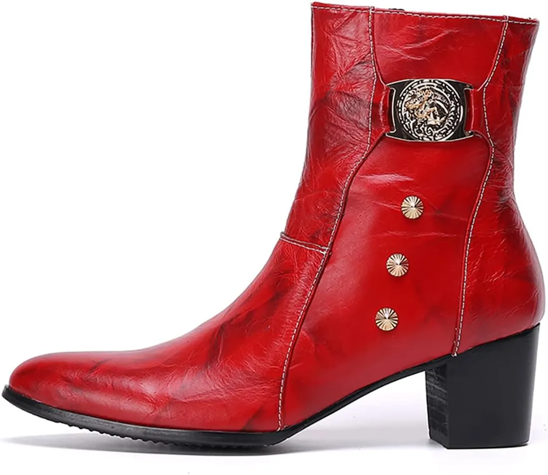 Santimon Mens Dress Boots Party Casual Genuine Leather Chelsea Boots Fashion Western Cowboy Boots Prom Wedding Ballroom Motorcycle Zipper On Side Mid Calf Boots for Men