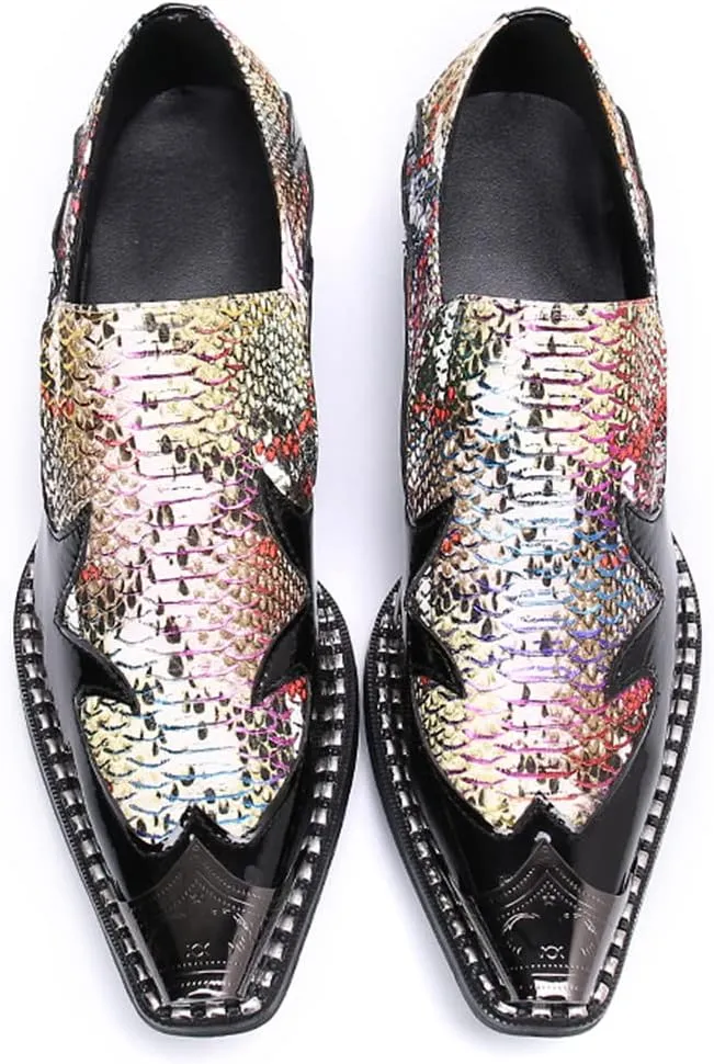 Santimon Men's High Cuban Heel Dress Loafers Metal Cap Fashion Leather Snake Print Ballroom Formal Party Dancing Nightclub Shoes for Men