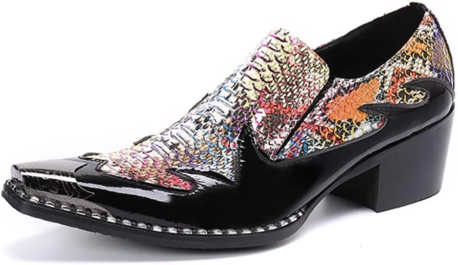 Santimon Men's High Cuban Heel Dress Loafers Metal Cap Fashion Leather Snake Print Ballroom Formal Party Dancing Nightclub Shoes for Men