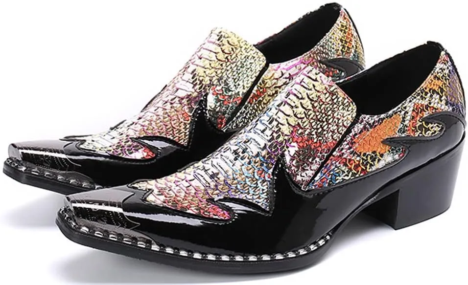 Santimon Men's High Cuban Heel Dress Loafers Metal Cap Fashion Leather Snake Print Ballroom Formal Party Dancing Nightclub Shoes for Men