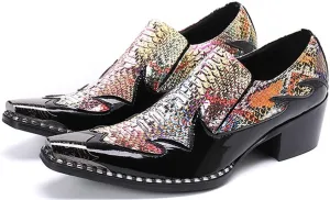 Santimon Men's High Cuban Heel Dress Loafers Metal Cap Fashion Leather Snake Print Ballroom Formal Party Dancing Nightclub Shoes for Men