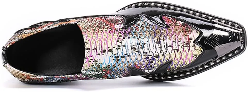 Santimon Men's High Cuban Heel Dress Loafers Metal Cap Fashion Leather Snake Print Ballroom Formal Party Dancing Nightclub Shoes for Men